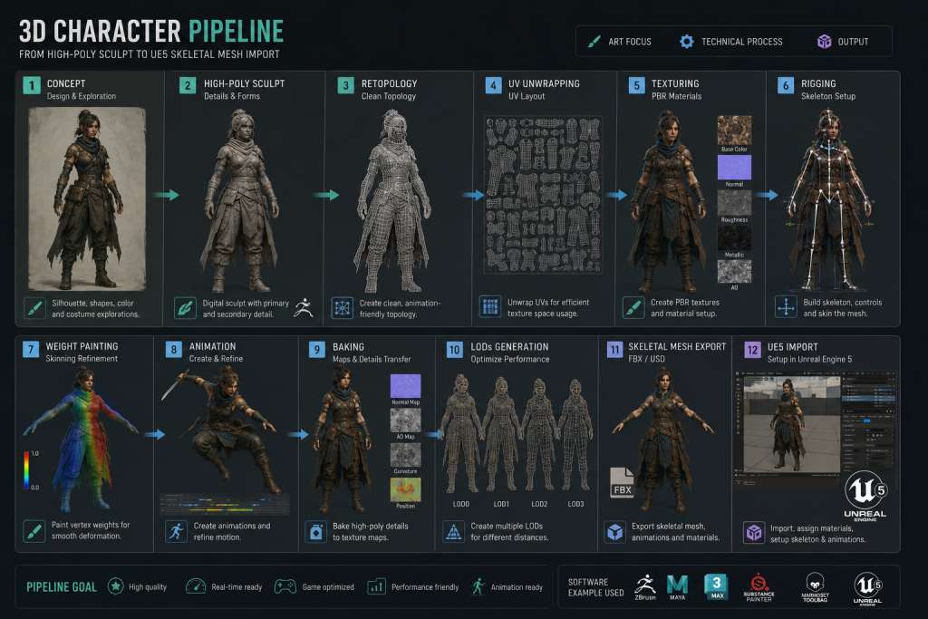 3D character pipeline stages diagram — from high-poly sculpt to UE5 skeletal mesh import
