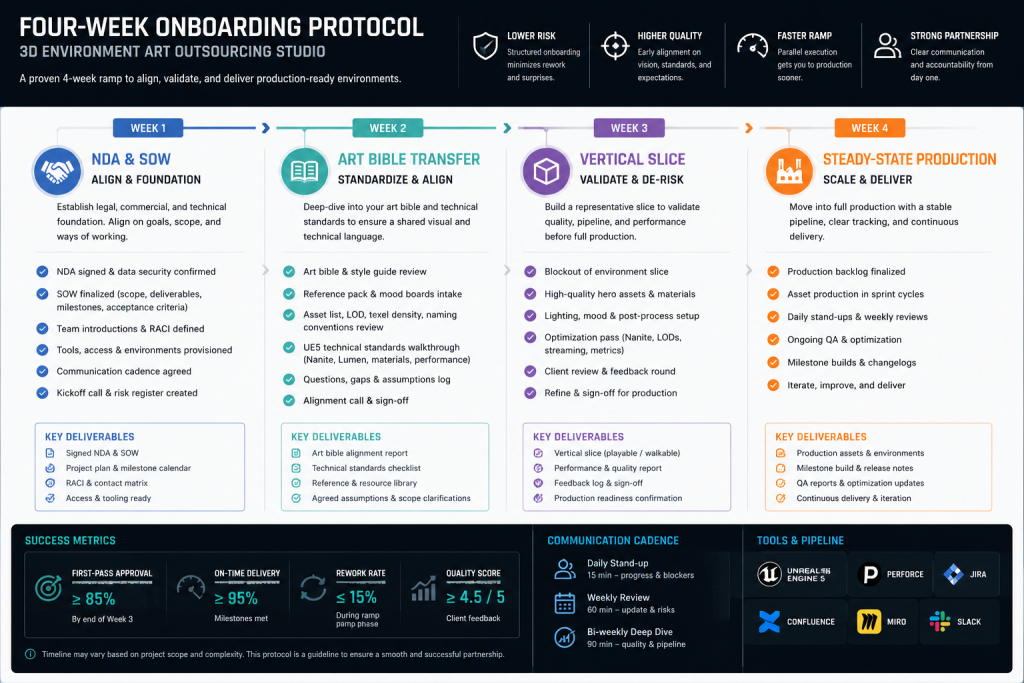 Four-week onboarding protocol timeline for a 3D environment art outsourcing studio — phases: NDA and SOW, art bible transfer, vertical slice, steady-state production