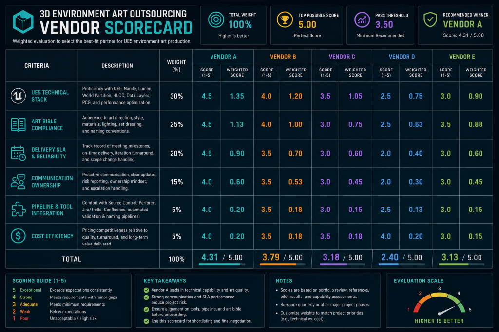 Weighted vendor scorecard table for 3D environment art outsourcing — criteria columns: UE5 technical stack, art bible compliance, delivery SLA, communication ownership