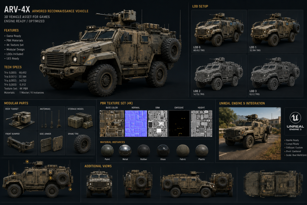 3d vehicle art for games — military armored vehicle with modular LOD setup and PBR texture set, engine-ready for Unreal Engine 5 integration