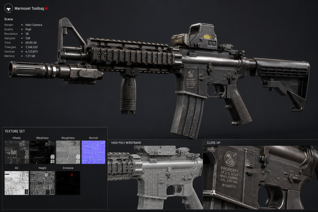 3D weapon art for games — high-poly M4 rifle model with PBR metallic surfaces, baked normal map detail visible in Marmoset Toolbag viewport