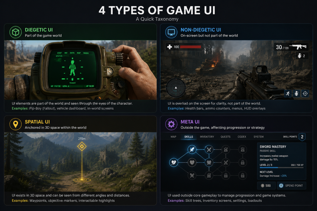 Four types of game UI taxonomy diagram: diegetic, non-diegetic, spatial, meta
