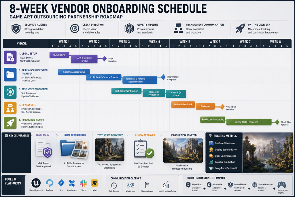 Gantt-style onboarding schedule for a game art outsourcing vendor — eight weeks broken into legal setup, brief transfer, test asset, review gate, and production kickoff