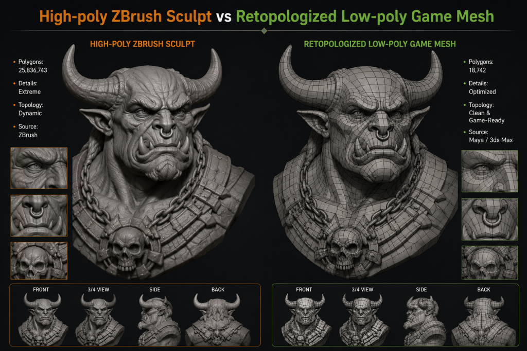 High-poly ZBrush sculpt vs retopologized low-poly game mesh comparison