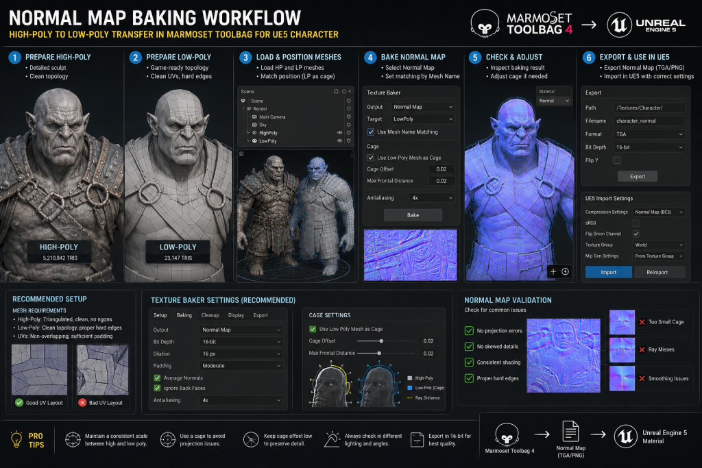 Normal map baking workflow — high-poly to low-poly transfer in Marmoset Toolbag for UE5 character
