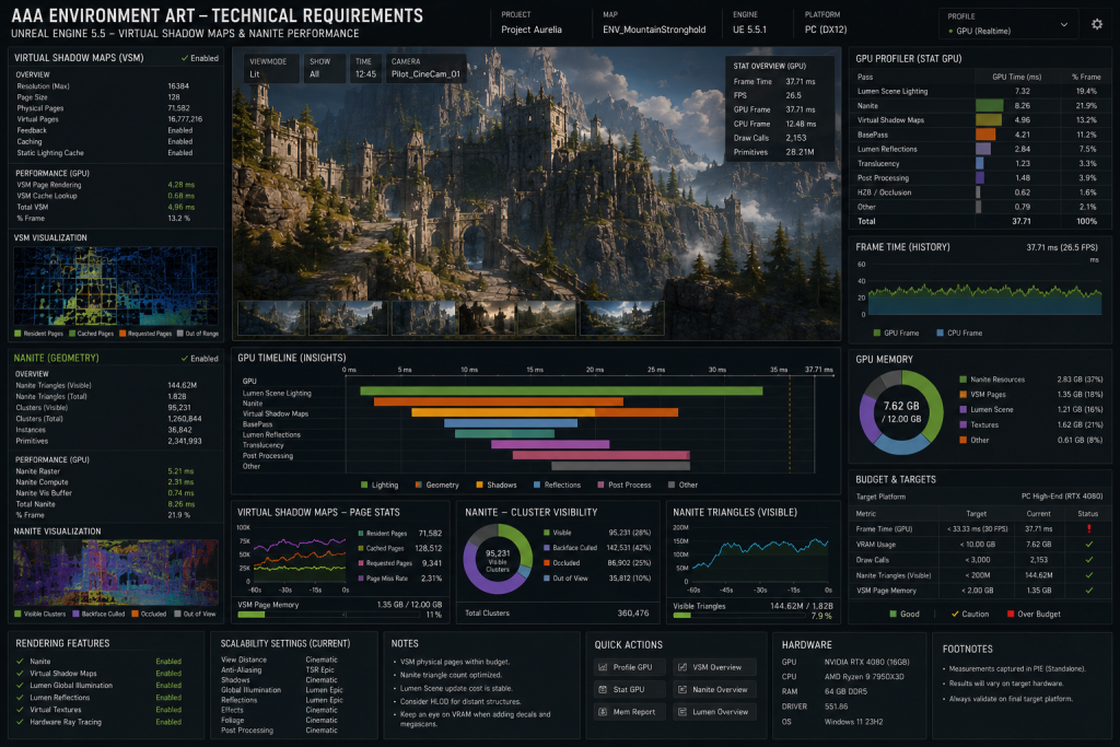 AAA environment art technical requirements — Virtual Shadow Maps and Nanite performance profiling dashboard