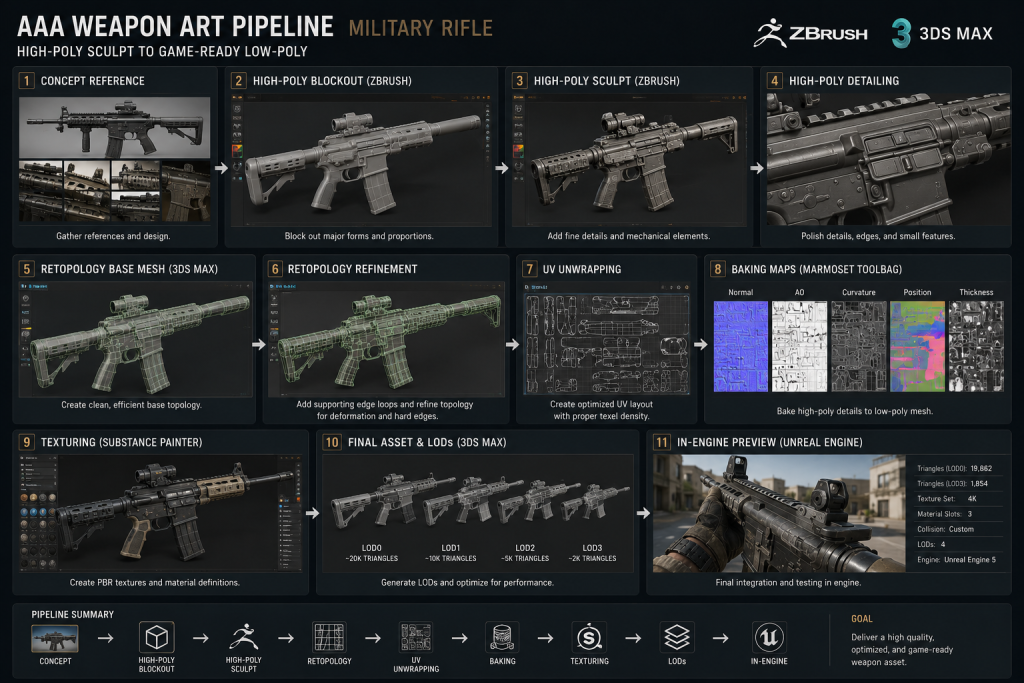 AAA weapon art pipeline breakdown — high-poly sculpt to game-ready low-poly retopology steps for military rifle in ZBrush and 3ds Max