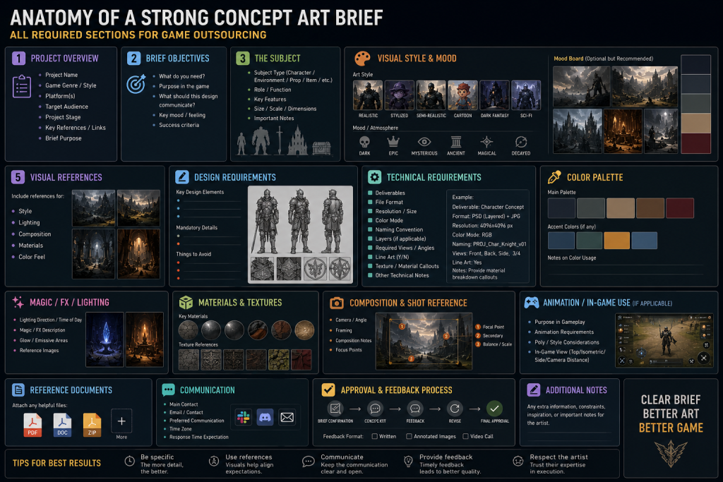 Anatomy of a strong concept art brief for game outsourcing — all required sections
