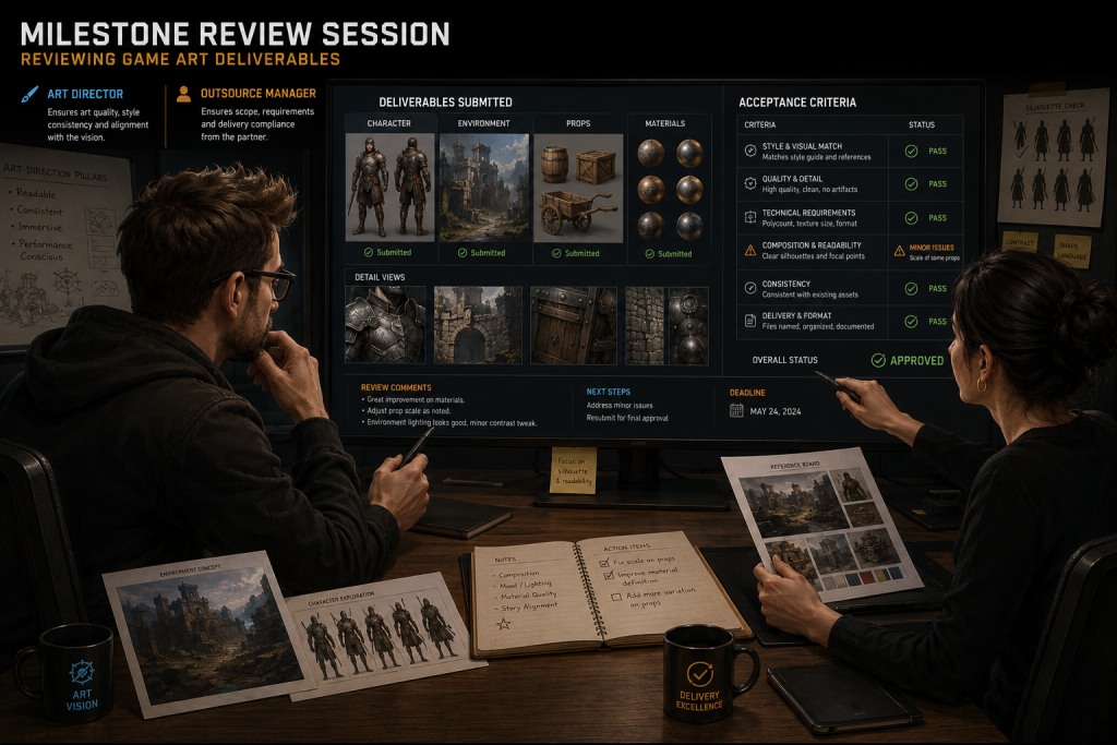 Art director and outsource manager reviewing game art deliverables against acceptance criteria in a milestone review session