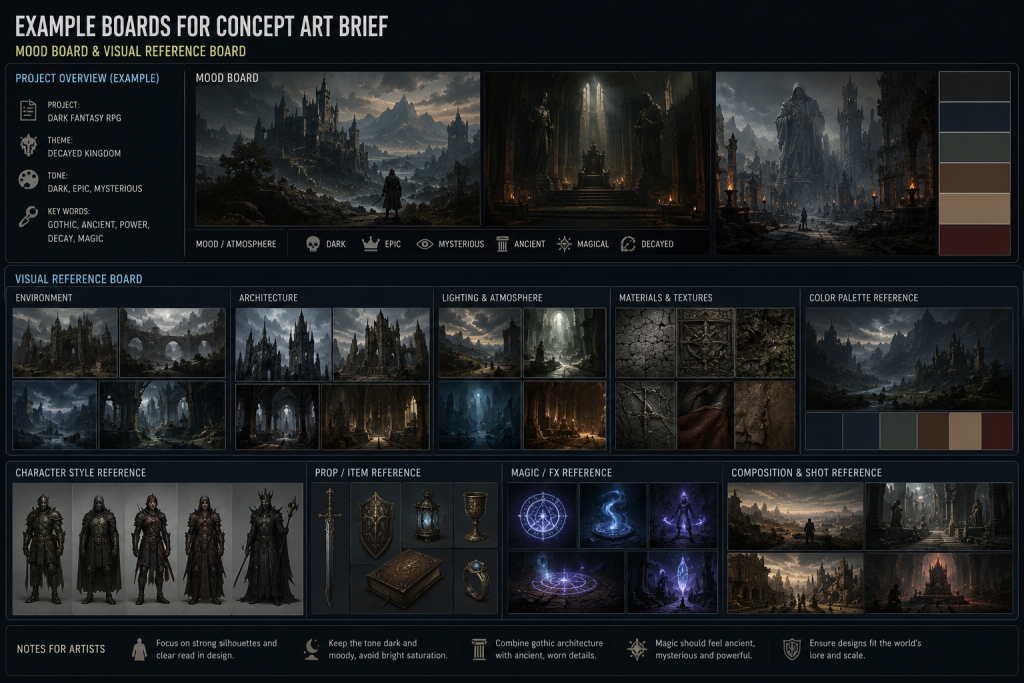 Example mood board and visual reference board for concept art brief