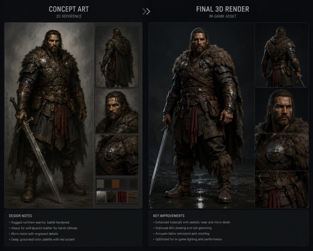 Concept-to-3D fidelity comparison — concept art reference alongside production-ready 3D render