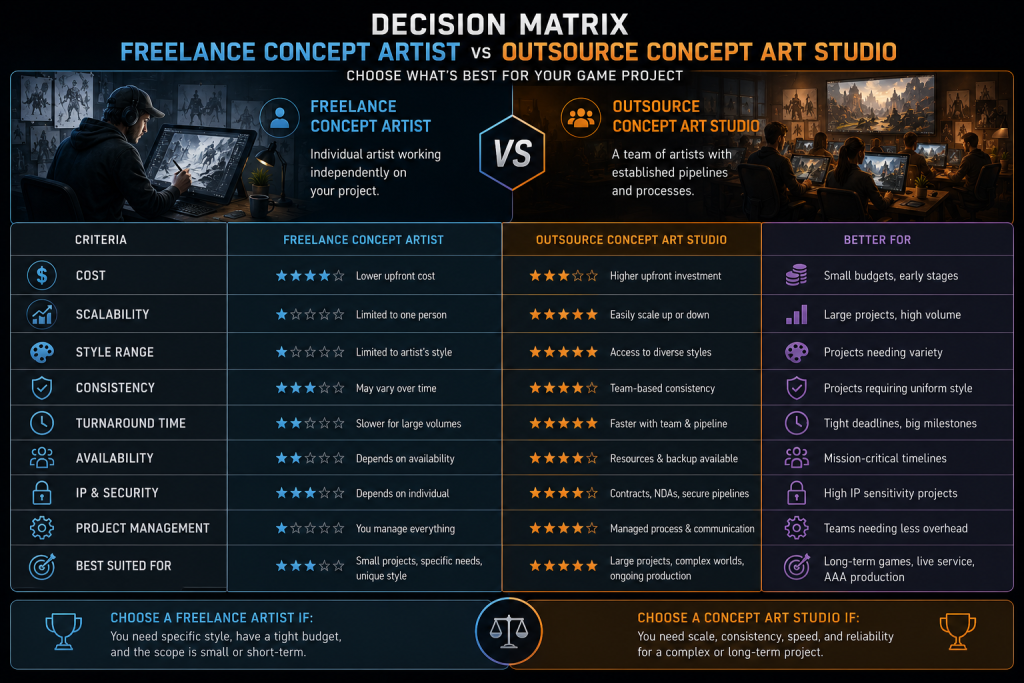 Decision matrix for game studios choosing between freelance concept artist and outsource studio