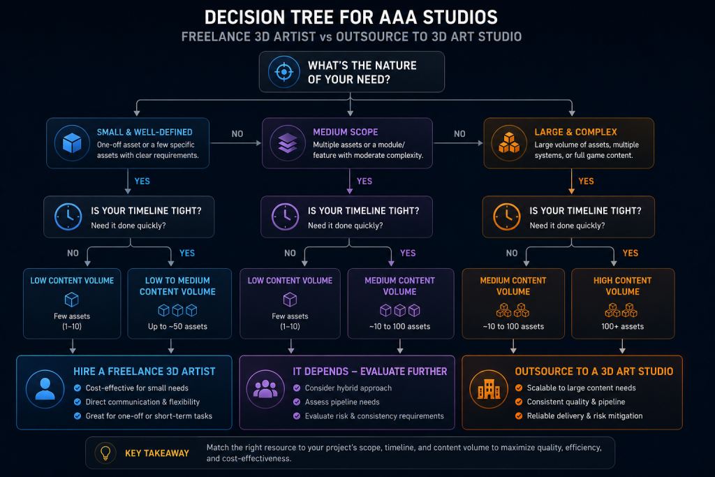 Decision tree for AAA studios: when to hire a freelance 3D artist vs when to outsource to a full 3D art studio based on project scope, timeline, and content volume