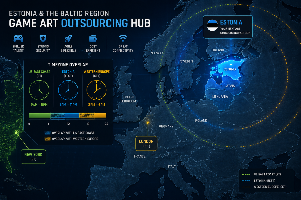 Map of Europe highlighting Estonia and Baltic region as game art outsourcing hub with timezone overlay showing overlap with US East Coast and Western Europe