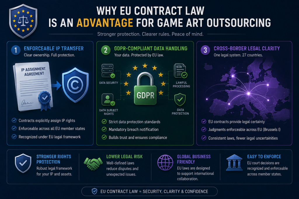 Infographic illustrating EU contract law advantages for game art outsourcing: enforceable IP transfer, GDPR data handling, and cross-border legal clarity