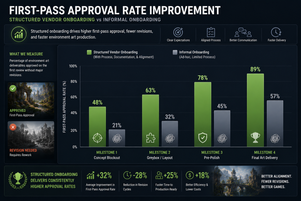 Bar chart showing first-pass approval rate improvement over four milestone cycles when structured vendor onboarding is used versus informal onboarding