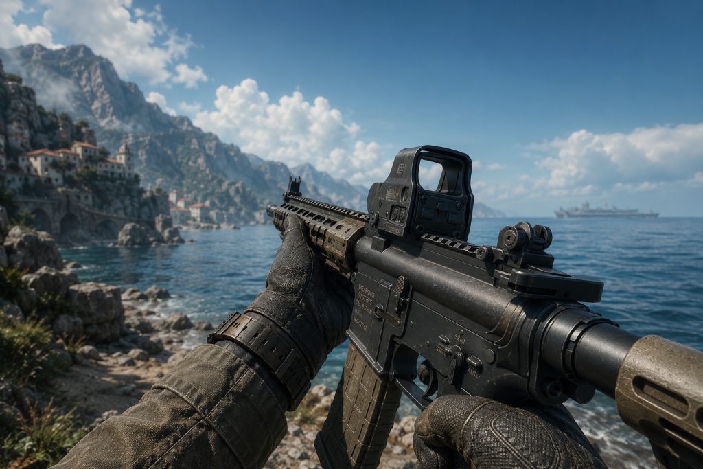 First person weapon art — FPP view of a modular assault rifle optimized for 45° camera FOV, correct silhouette and trigger guard proportions