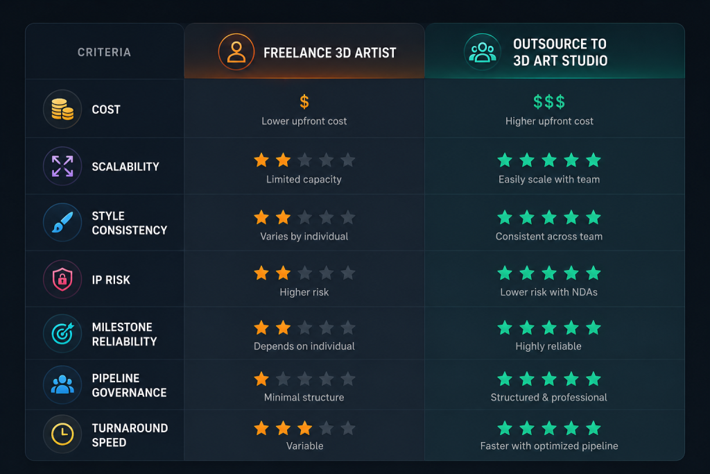 Side-by-side comparison table: freelance 3D artist vs outsource studio for AAA game art — criteria include scalability, style consistency, IP risk, and milestone reliability
