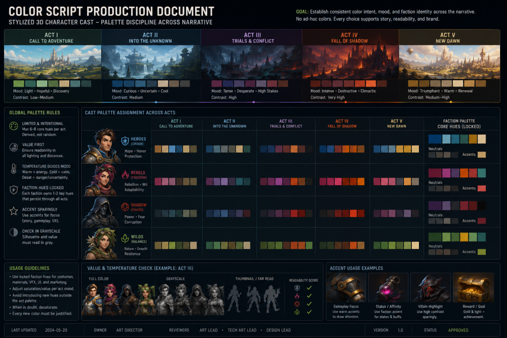 Color script production document for a stylized 3D character cast, mapping palette discipline across narrative acts to prevent ad-hoc color choices