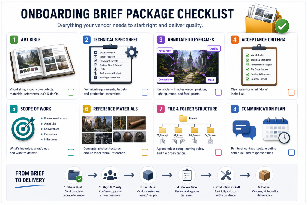 Onboarding brief package checklist for a game art outsourcing engagement — items include art bible, technical spec sheet, annotated keyframes, and acceptance criteria