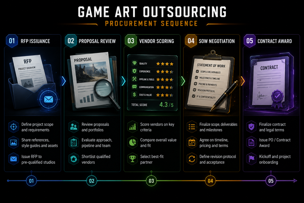 Diagram showing the game art outsourcing procurement sequence: RFP issuance, proposal review, vendor scoring, SOW negotiation, and contract award