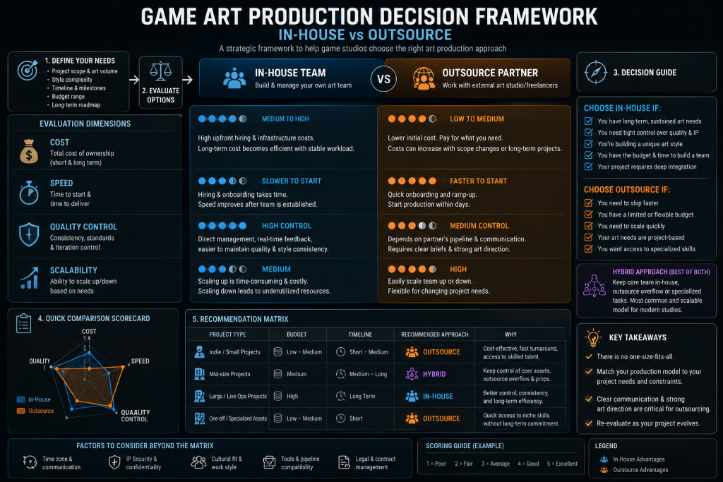 Decision framework diagram comparing in-house vs outsource game art across cost, speed, quality control, and scalability dimensions