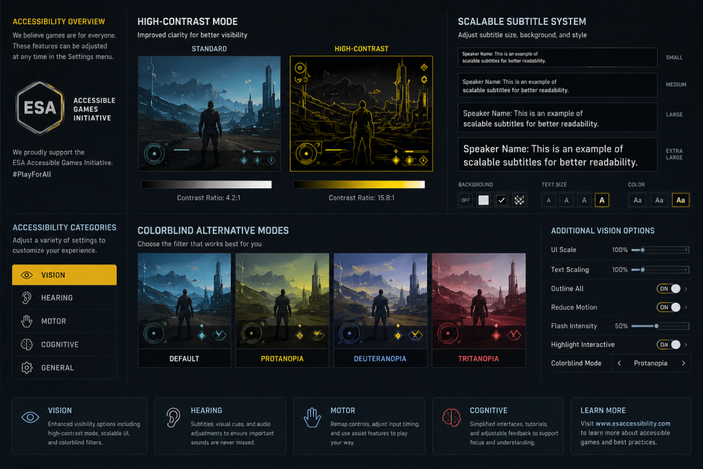 Game accessibility UI design — high-contrast mode, scalable subtitle system, and colorblind alternative screens implementing ESA Accessible Games Initiative tags in AAA game interface