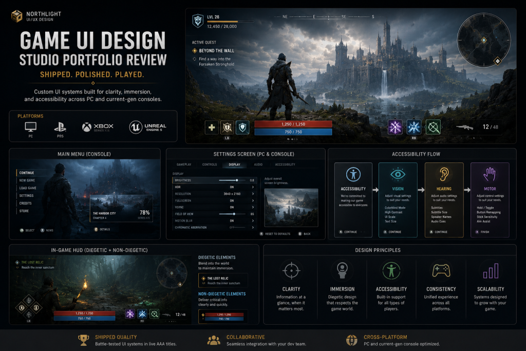 Game UI design studio portfolio review — shipped console menu system with complete HUD, settings screen, and accessibility flow across PC and current-gen console platforms