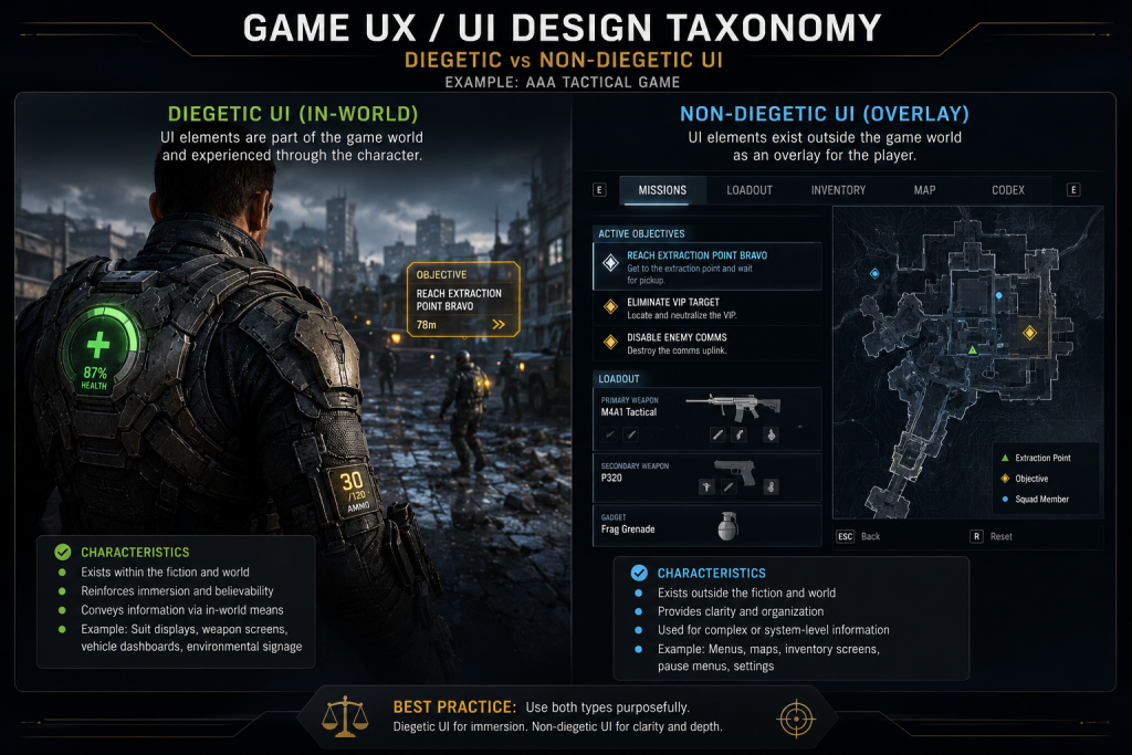 Game UX UI design taxonomy — diegetic HUD example showing in-world health indicator on player character suit, non-diegetic menu overlay comparison in AAA tactical game