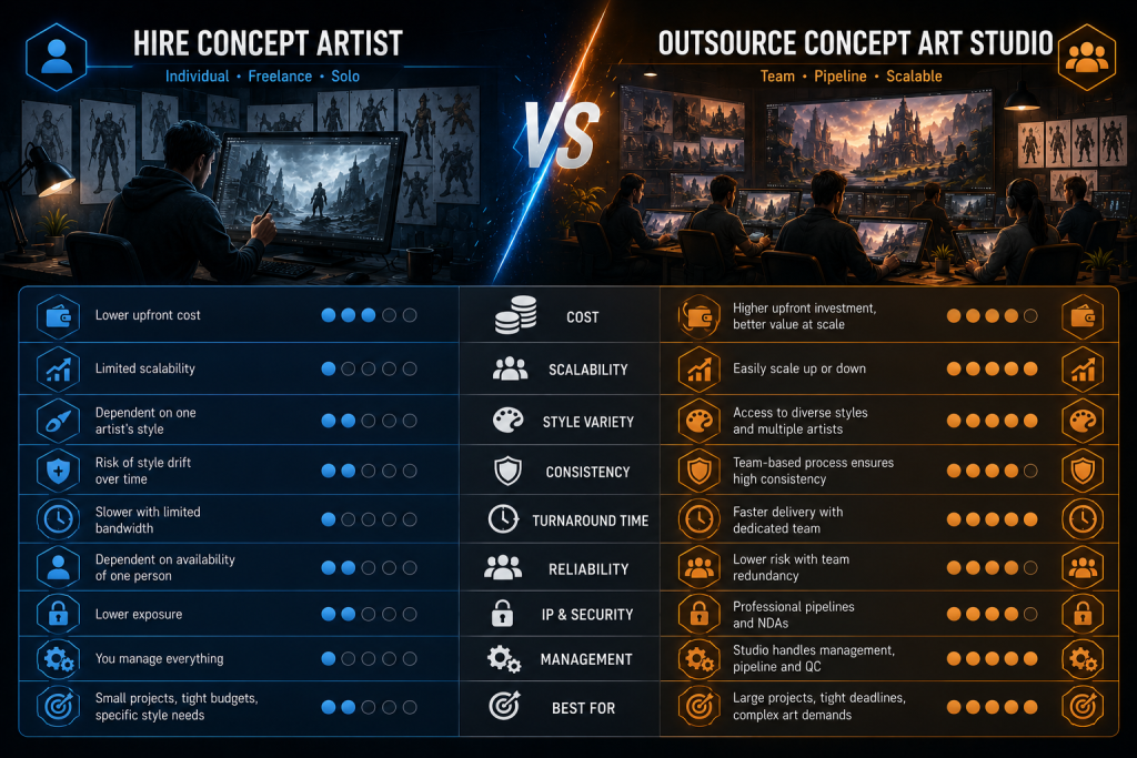 Comparison chart: hire concept artist vs outsource concept art studio for game development