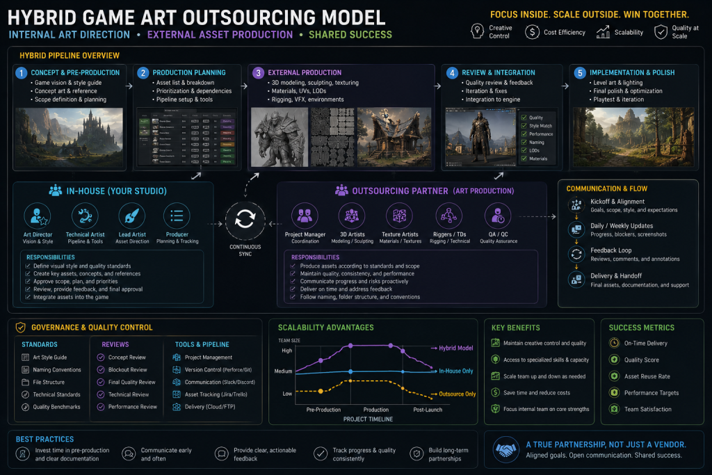 Hybrid game art outsourcing model — internal art direction with external asset production pipeline