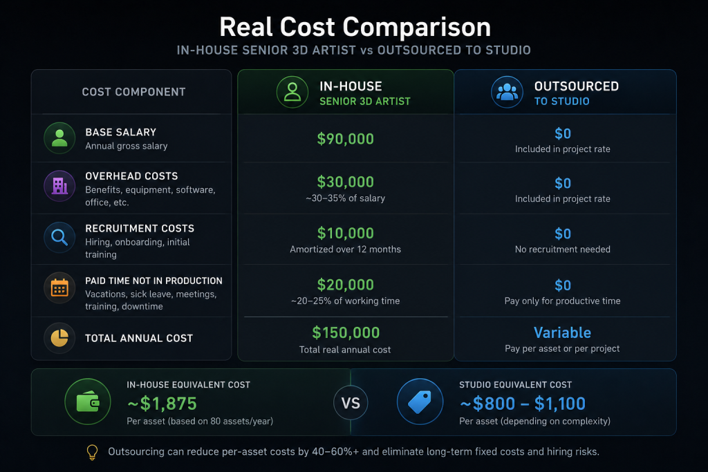 Real cost breakdown of hiring an in-house senior 3D artist versus outsourcing to a studio — salary, overhead, recruitment, and per-asset equivalent cost