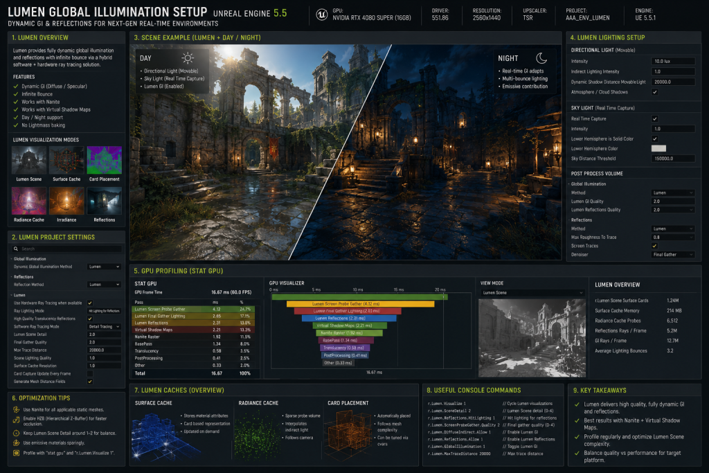 Lumen global illumination setup for 3D environment art — GPU profiling view in Unreal Engine 5.5