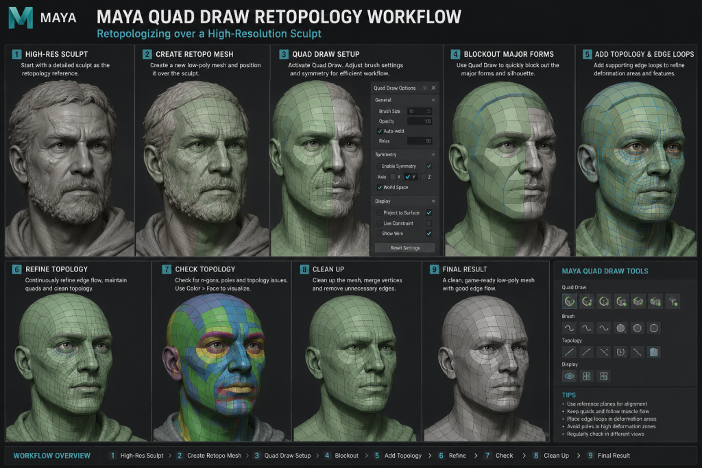 Maya Quad Draw retopology workflow over a high-resolution sculpt