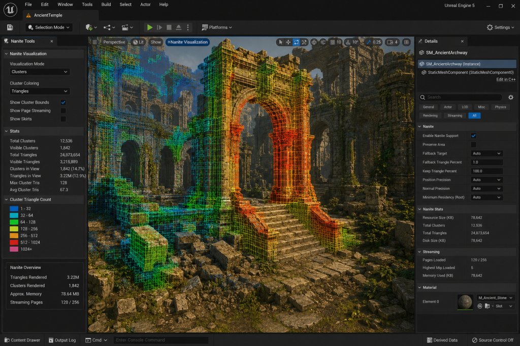 Nanite-enabled environment asset in UE5 with cluster visualization overlay