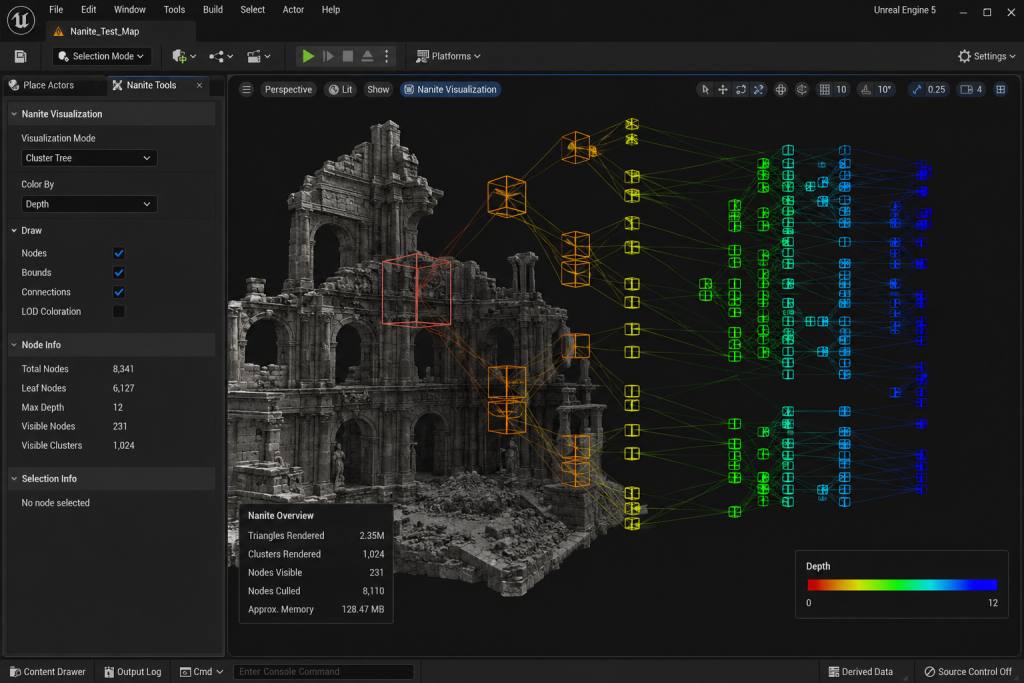 Nanite virtualized geometry cluster tree visualization in Unreal Engine 5 editor