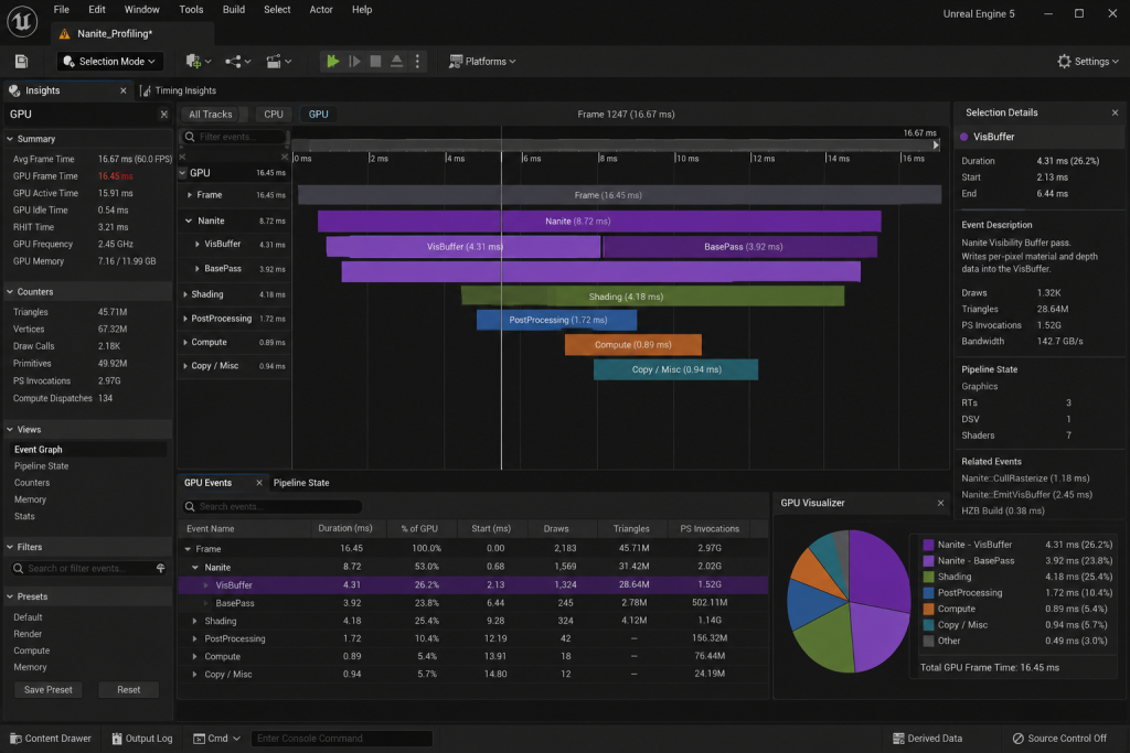 UE5 Nanite VisBuffer and BasePass profiling breakdown in GPU profiler