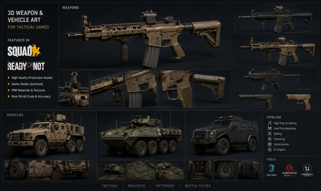 Nasty Rodent 3D weapon art — production-ready military rifle and vehicle assets created for Squad and Ready or Not tactical games