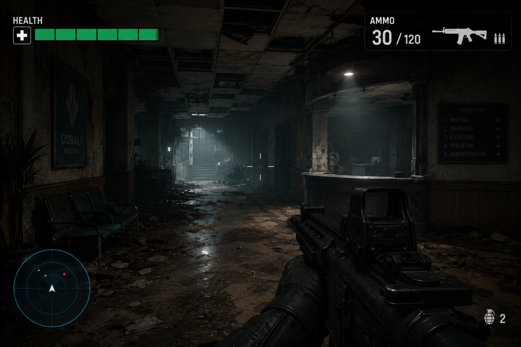 Non-diegetic HUD overlay showing health bar and ammo counter in a first-person game