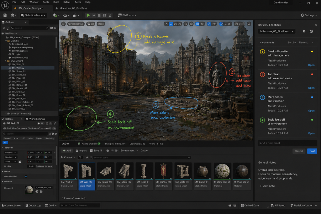 Producer reviewing outsourced 3D environment assets inside Unreal Engine 5 editor with annotation overlay for revision feedback
