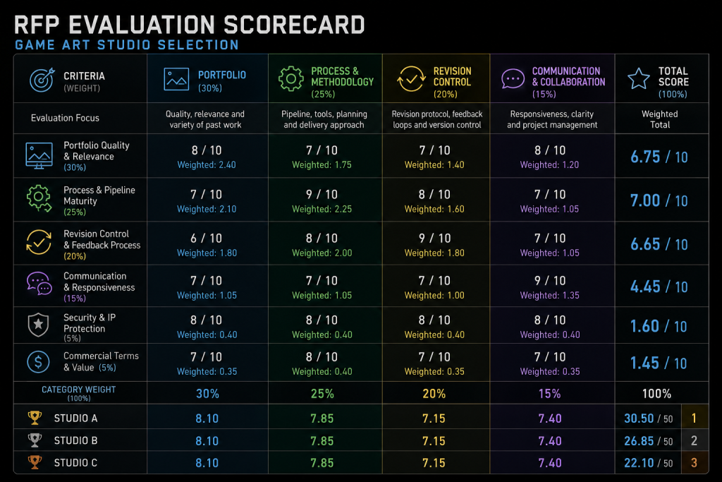 Sample RFP evaluation scorecard table for game art studio selection with weighted criteria columns for portfolio, process, revision control, and communication