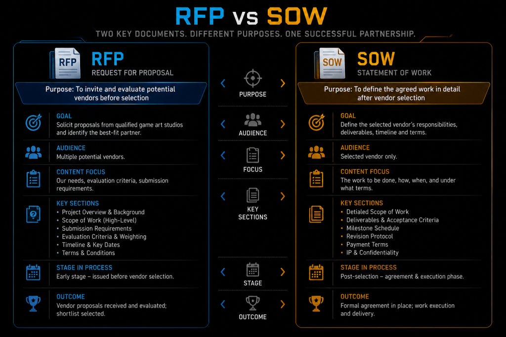 Side-by-side comparison of RFP and SOW documents highlighting their different purposes in the game art procurement process
