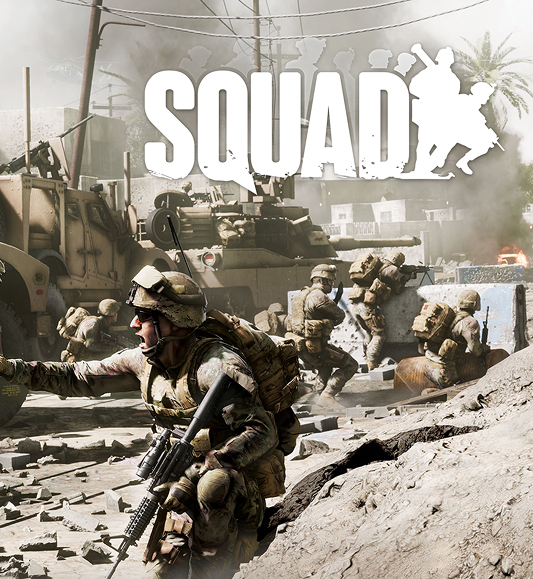 Squad promotional banner — Tactical FPS military vehicles and weapons 3D art production