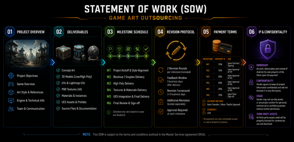 Statement of Work structure for game art outsourcing: project overview, deliverables, milestone schedule, revision protocol, payment terms, and IP clause