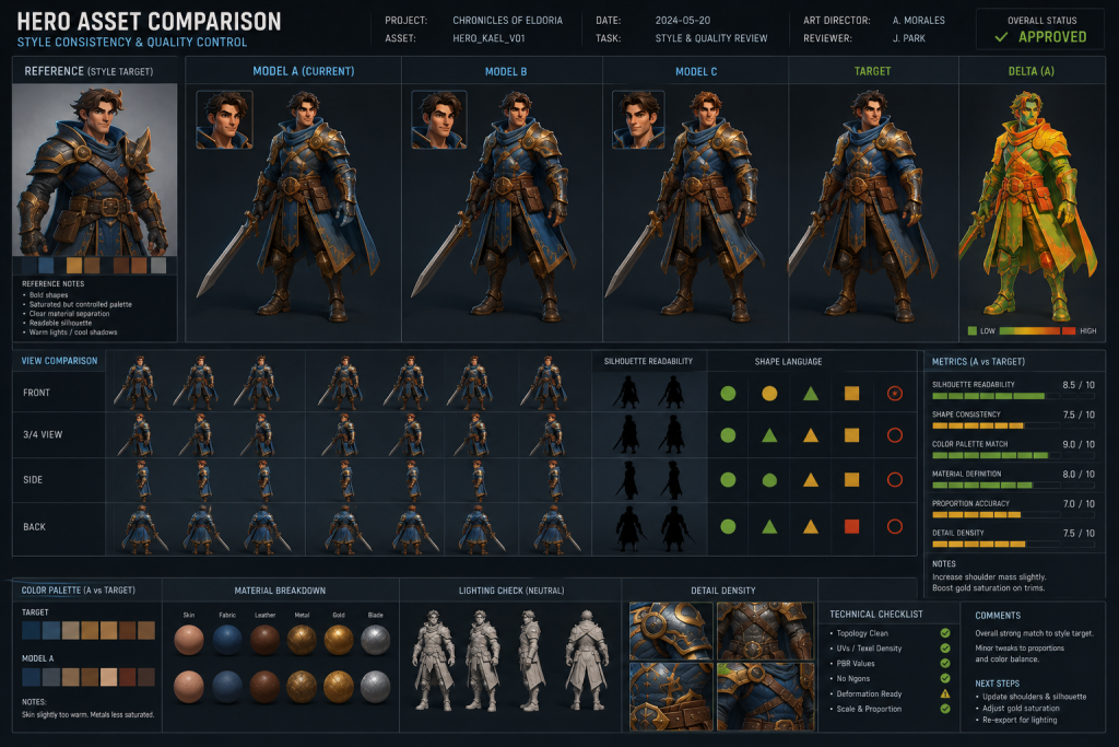 Hero asset comparison render for stylized 3D characters, the AAA-tier production protocol that catches style drift before vertical slice review