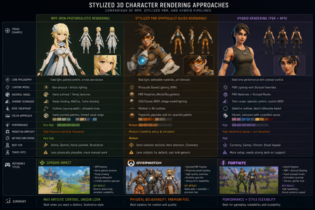 Comparison of NPR, stylized PBR, and hybrid rendering stacks for stylized 3D characters, with reference titles Genshin Impact, Overwatch, and Fortnite