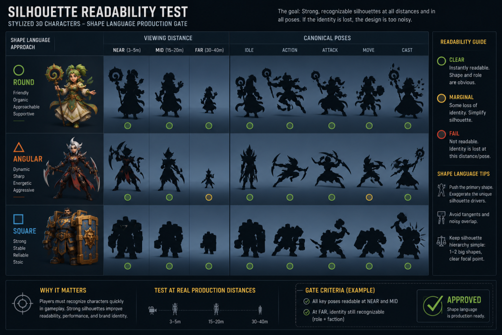 Silhouette readability test for stylized 3D characters at three viewing distances and five canonical poses, the production gate that catches weak shape language