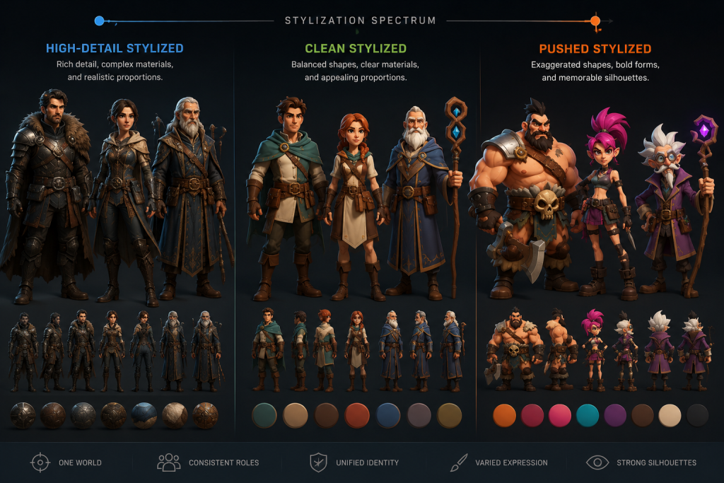 Stylized 3D characters at three points on the stylization spectrum, showing how art direction defines visual identity across the cast