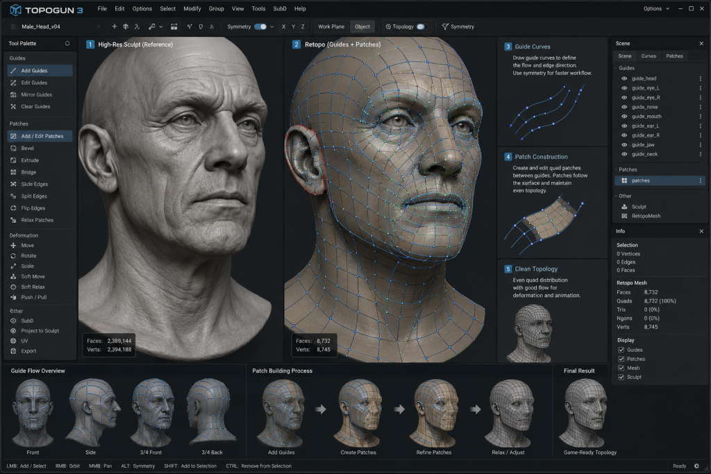 TopoGun 3 interface showing guide curves and patch-based retopology
