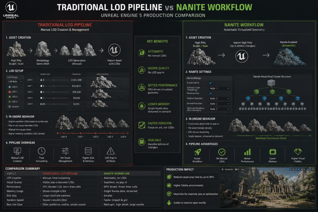 Comparison of traditional LOD pipeline vs Nanite asset workflow in UE5 production
